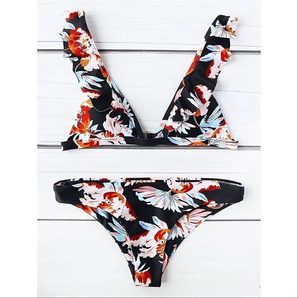 ✨HP✨Flower Print Ruffle Strap Triangle Bikini Set✨ - Picture 3 of 7